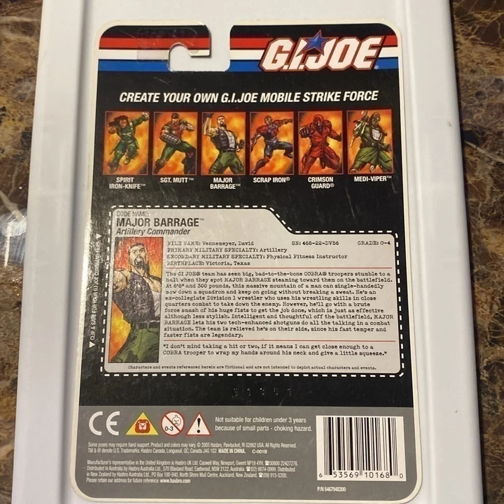 GI JOE Major Barrage uncut file card only 2005
